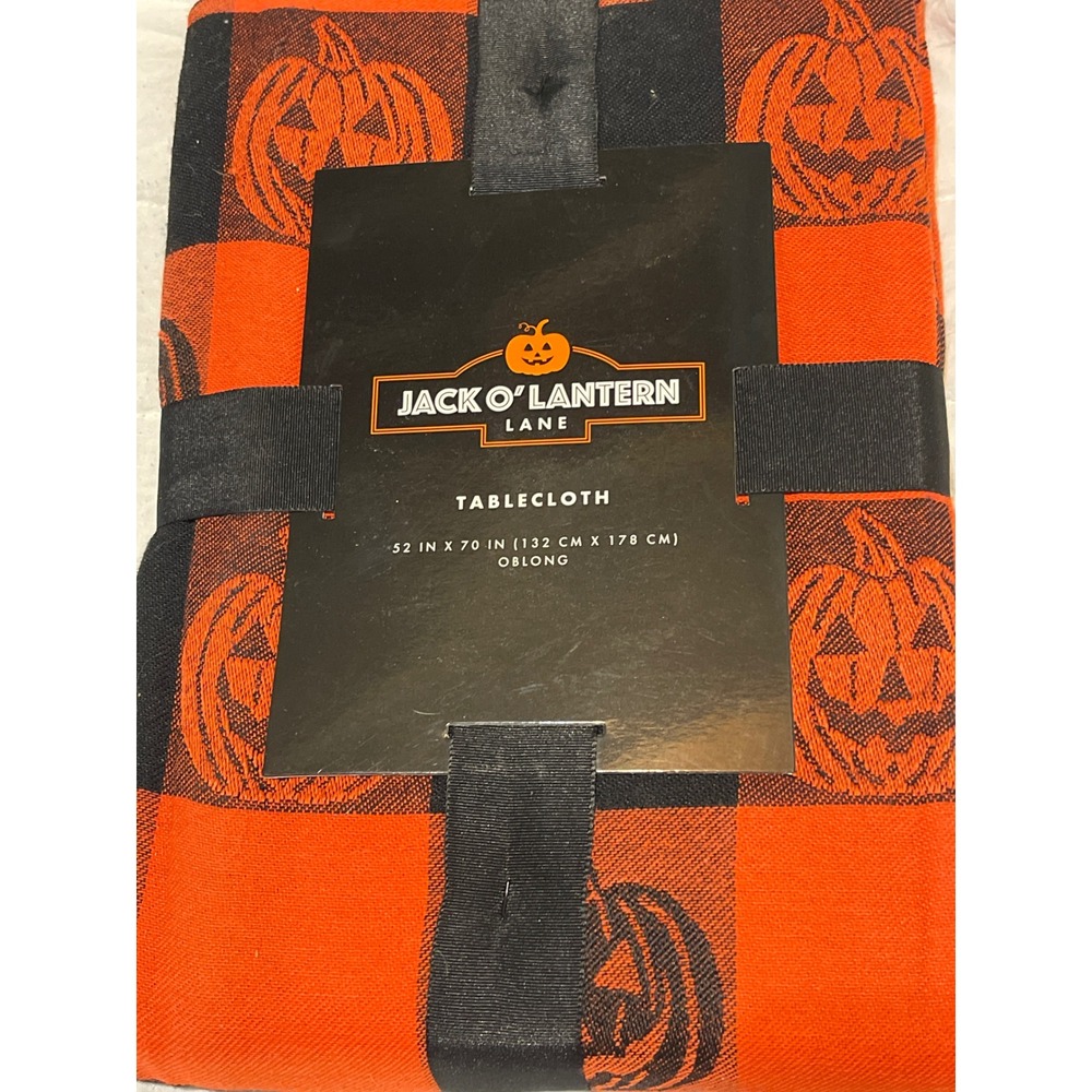 Jack O' Lantern Lane Tablecloth 52x70 Orange Black Cotton Buffalo Check Pumpkin